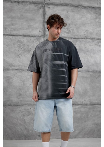 Siyah Spirit&speed Yazılı Yıkamalı Oversize Tshirt