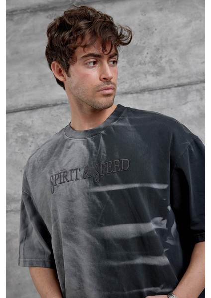 Siyah Spirit&speed Yazılı Yıkamalı Oversize Tshirt fiyatları