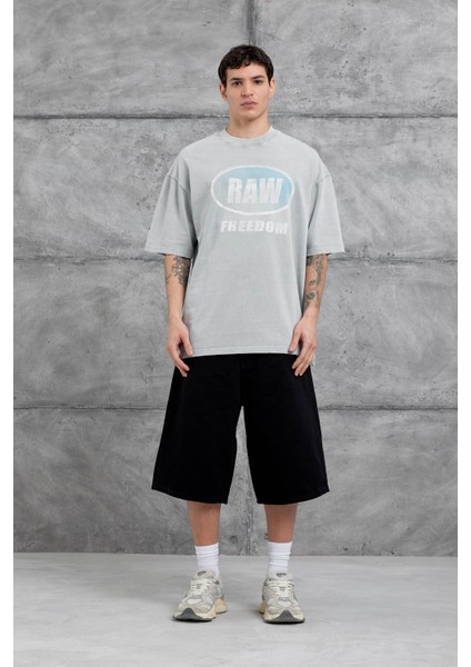 Gri Raw Yazılı Yıkamalı Oversize Tshirt