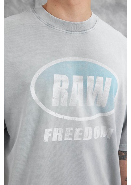 Gri Raw Yazılı Yıkamalı Oversize Tshirt fiyatları