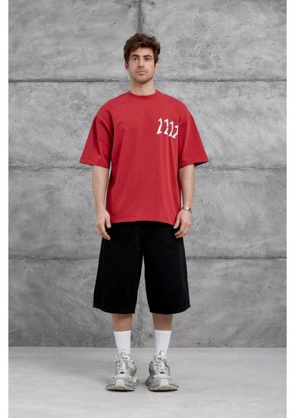 Kırmızı 1111 Yazılı Yıkamalı Oversize Tshirt