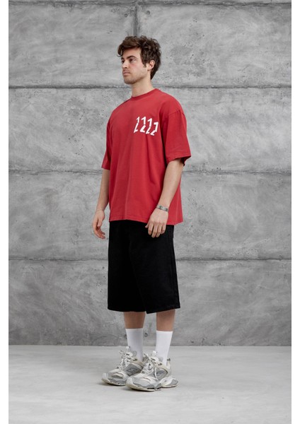 Kırmızı 1111 Yazılı Yıkamalı Oversize Tshirt fırsatları