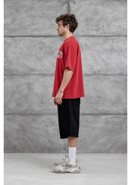 Kırmızı 1111 Yazılı Yıkamalı Oversize Tshirt indirimleri