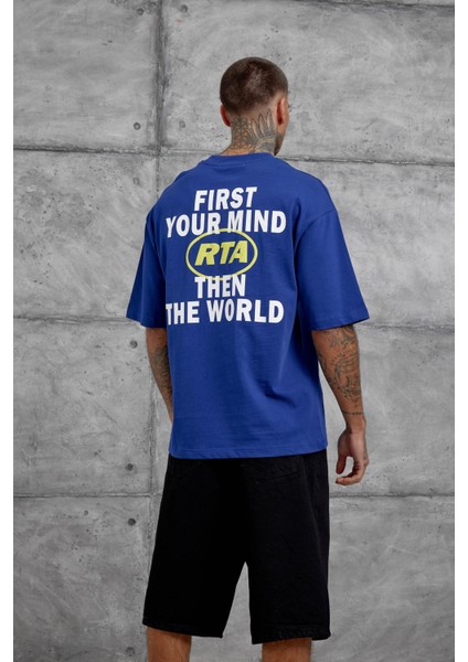 Lacivert First Your Mind Yazılı Oversize Tshirt indirimleri