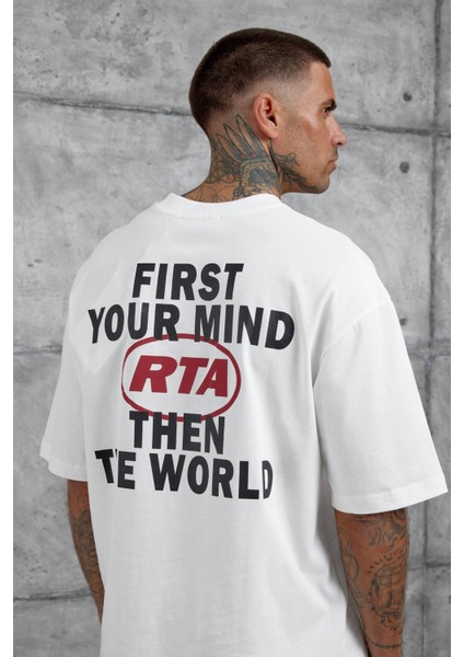 Beyaz First Your Mind Yazılı Oversize Tshirt
