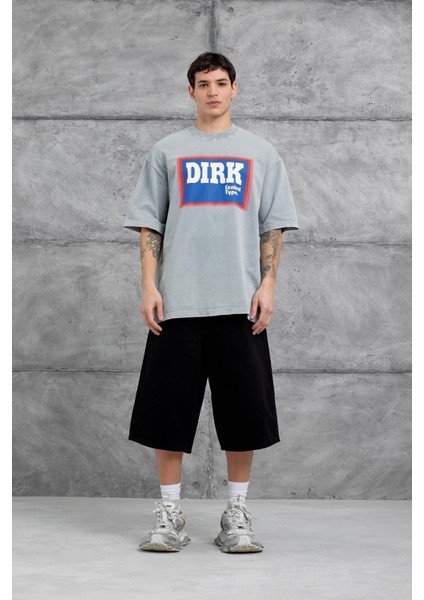 Gri Yıkamalı Dirk Yazılı Oversize Tshirt