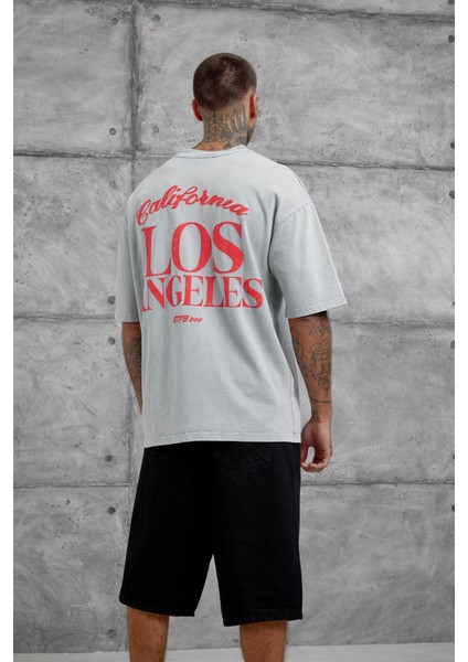 Gri Los Angeles Yıkamalı Oversize Tshirt