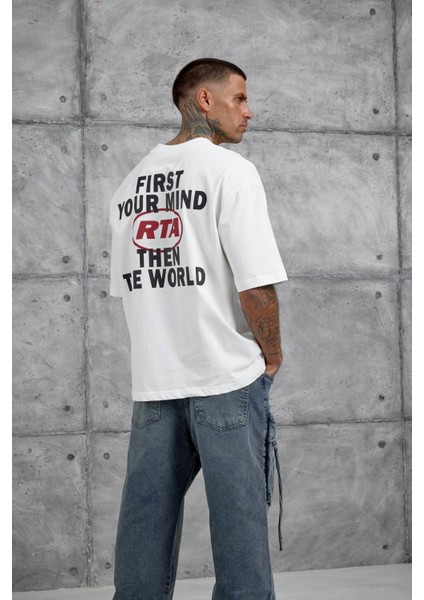 Beyaz First Your Mind Yazılı Oversize Tshirt modelleri