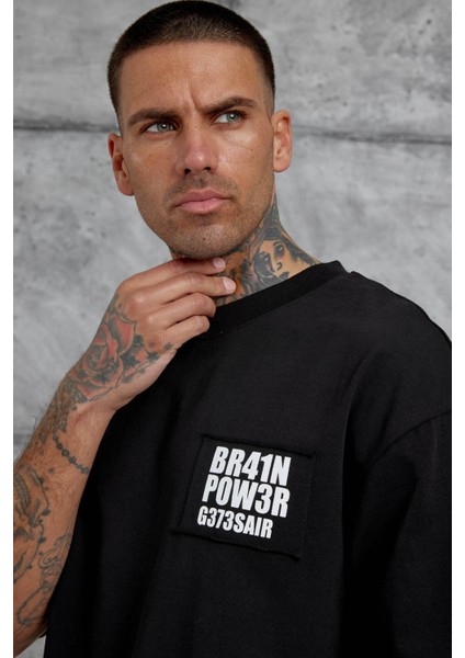 Siyah BR41N POW3R Yazılı Oversize Tshirt fırsatları
