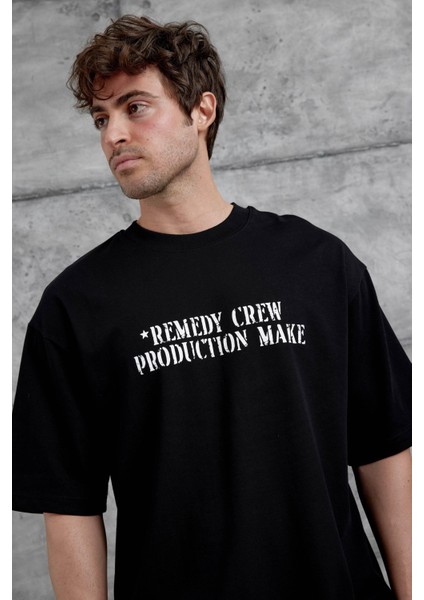 Siyah Remedy Crew Yazılı Oversize Tshirt