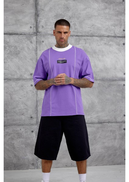 Mor Dont Cry Baskılı Oversize Tshirt modelleri