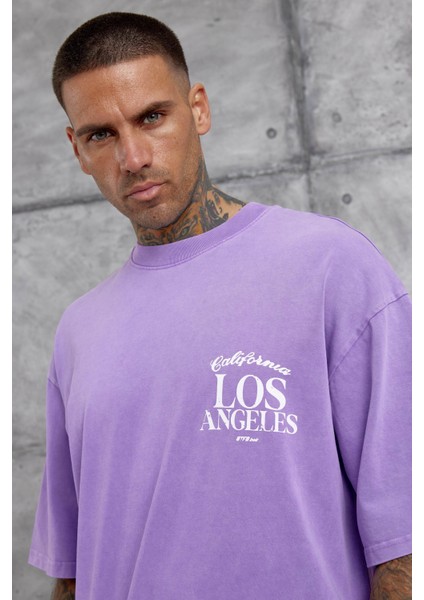 Mor Los Angeles Yıkamalı Oversize Tshirt fırsatları