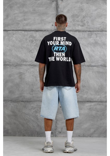 Siyah First Your Mind Yazılı Oversize Tshirt