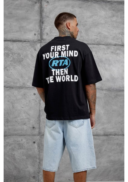 Siyah First Your Mind Yazılı Oversize Tshirt modelleri