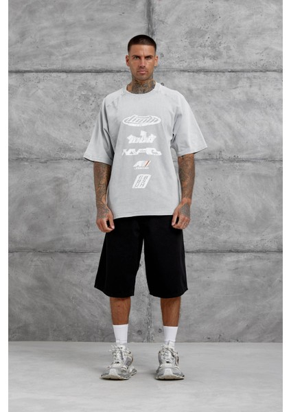 Gri Lesschen Baskılı Yıkamalı Oversize Tshirt