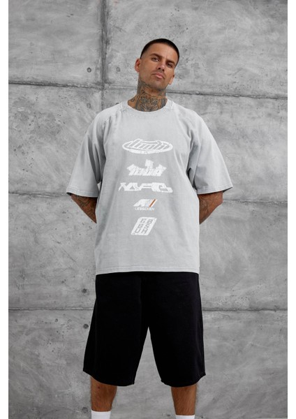 Gri Lesschen Baskılı Yıkamalı Oversize Tshirt indirimleri