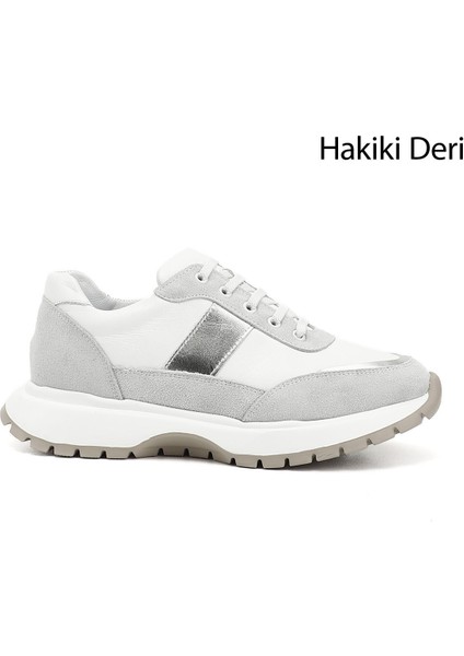 Kadın Beyaz Lastik Bağcıklı Hakiki Deri Sneaker