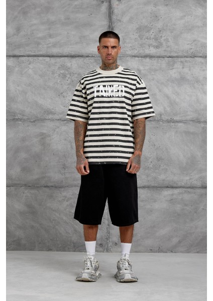 Krem Tained Baskılı Oversize Tshirt