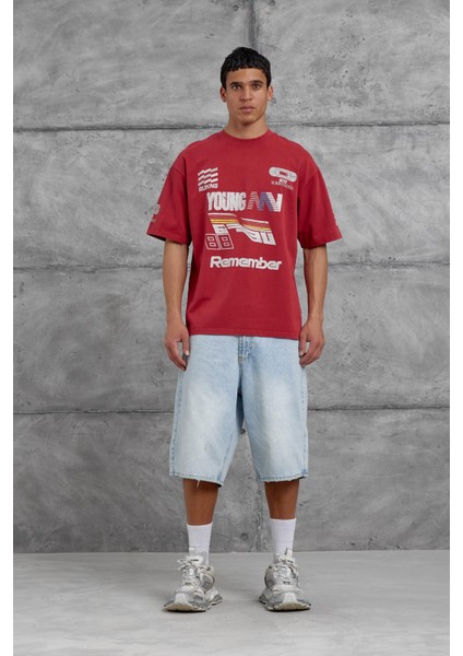Kırmızı Remember Yazılı Yakımalı Oversize Tshirt