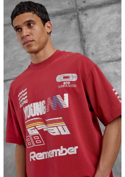 Kırmızı Remember Yazılı Yakımalı Oversize Tshirt fiyatları