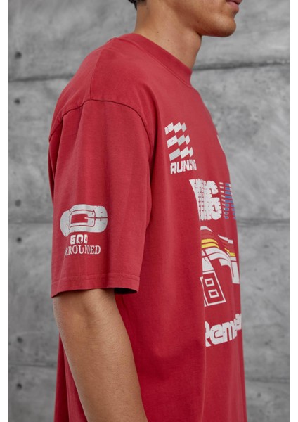 Kırmızı Remember Yazılı Yakımalı Oversize Tshirt modelleri
