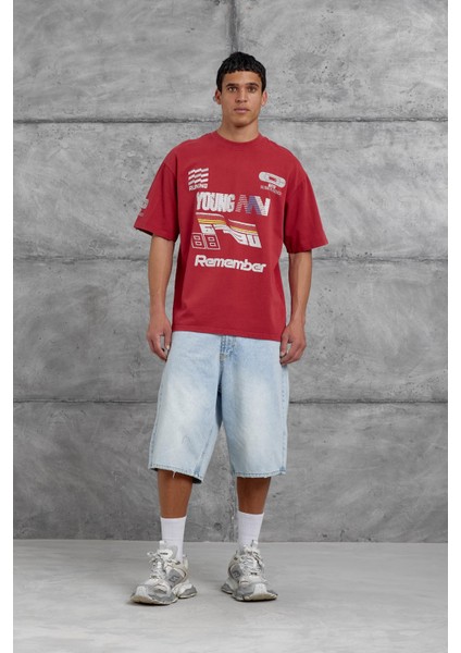 Kırmızı Remember Yazılı Yakımalı Oversize Tshirt indirimleri