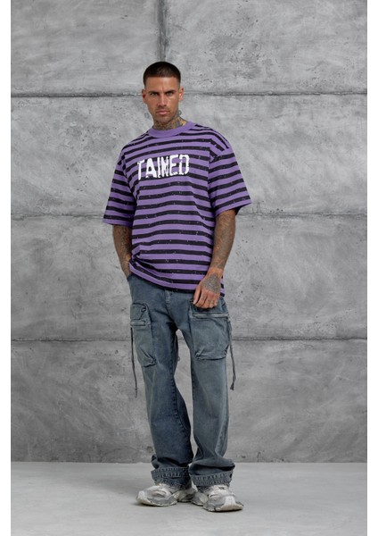 Mor Tained Baskılı Oversize Tshirt