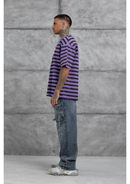 Mor Tained Baskılı Oversize Tshirt