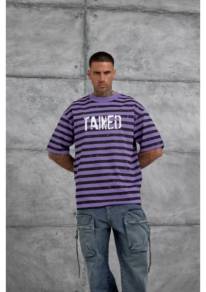 Mor Tained Baskılı Oversize Tshirt