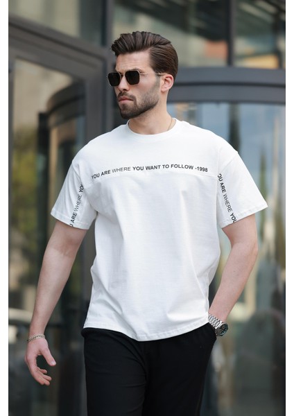 Beyaz Bisiklet Yaka Baskılı Basic Tişört E7156