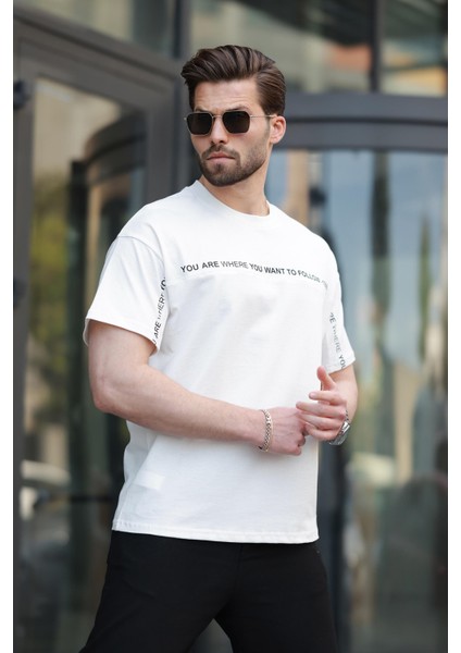 Beyaz Bisiklet Yaka Baskılı Basic Tişört E7156 modelleri