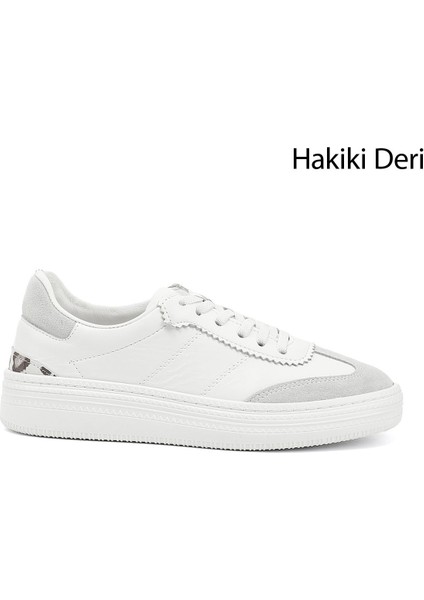 Kadın Beyaz Lastik Bağcıklı Hakiki Deri Sneaker