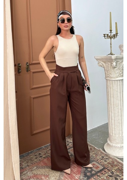 Kadın Palazzo Pantolon Beli Cırtlı Çift Cepli Bol Paça Pantolon