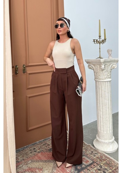Kadın Palazzo Pantolon Beli Cırtlı Çift Cepli Bol Paça Pantolon