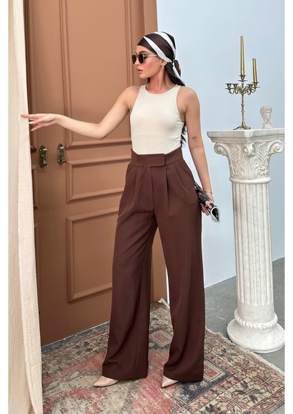 Kadın Palazzo Pantolon Beli Cırtlı Çift Cepli Bol Paça Pantolon