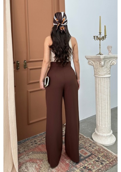 Kadın Palazzo Pantolon Beli Cırtlı Çift Cepli Bol Paça Pantolon