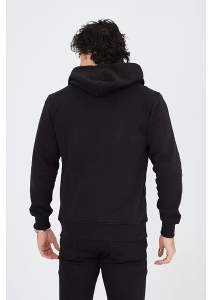 Tam Fermuarlı Kapşonlu Sweatshirt - Siyah