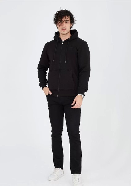 Tam Fermuarlı Kapşonlu Sweatshirt - Siyah