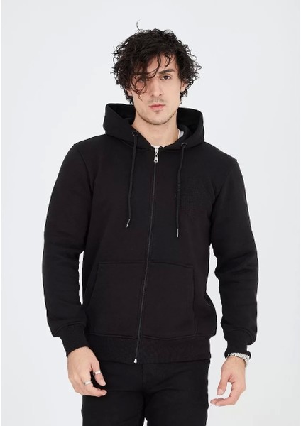 Tam Fermuarlı Kapşonlu Sweatshirt - Siyah