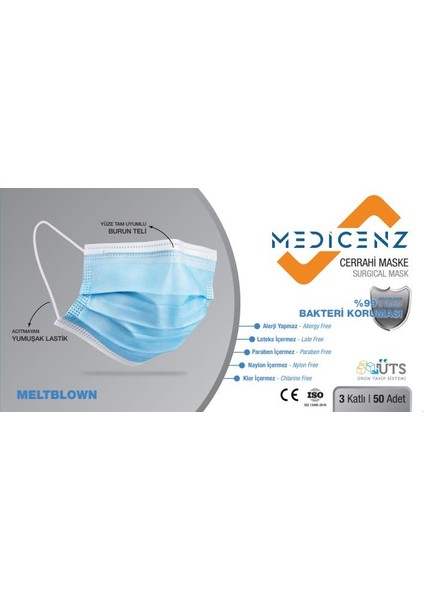 Cerrahi Maske Beyaz 3 Katlı 50 Adet