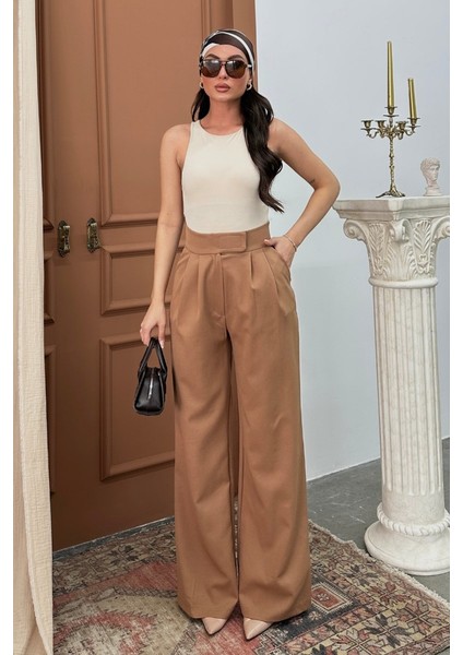 Kadın Palazzo Pantolon Beli Cırtlı Çift Cepli Bol Paça Pantolon