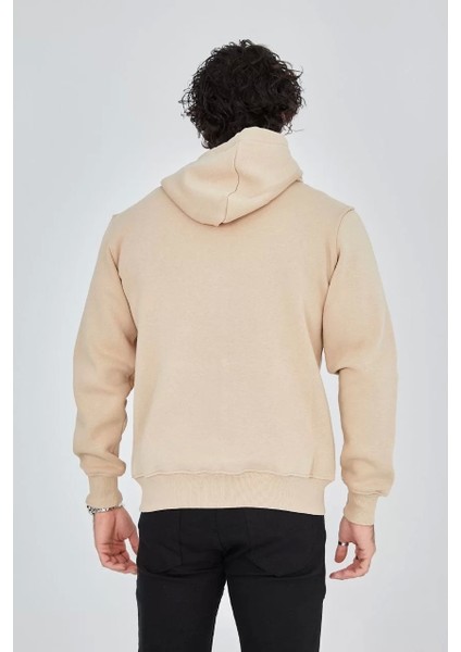 Tam Fermuarlı Kapşonlu Sweatshirt - Bej fırsatları