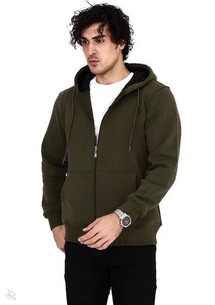 Tam Fermuarlı Kapşonlu Sweatshirt - Haki