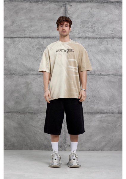 Krem Spirit&speed Yazılı Yıkamalı Oversize Tshirt