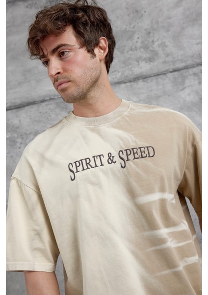 Krem Spirit&speed Yazılı Yıkamalı Oversize Tshirt fiyatları