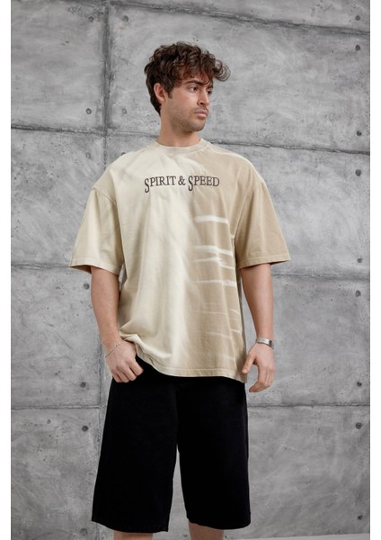 Krem Spirit&speed Yazılı Yıkamalı Oversize Tshirt indirimleri