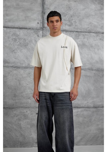 Krem Look Yazılı Parçalı Oversize Tshirt fiyatları