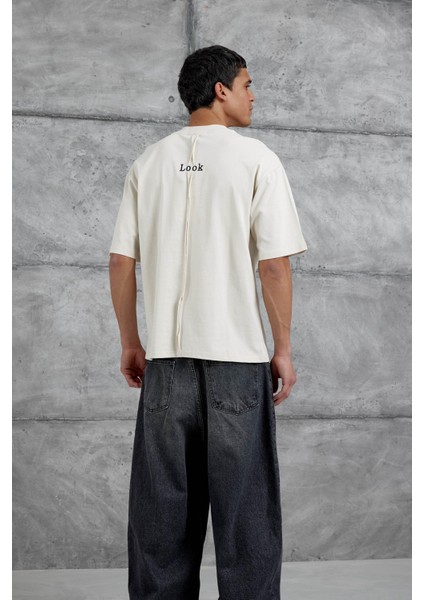 Krem Look Yazılı Parçalı Oversize Tshirt indirimleri