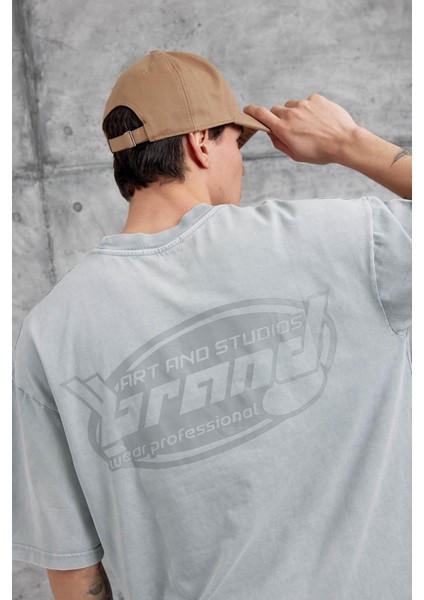 Gri Brand Yazılı Yıkamalı Oversize Tshirt