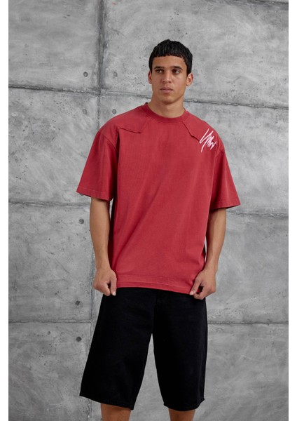 Kırmızı Parçalı Yıkamalı Oversize Tshirt